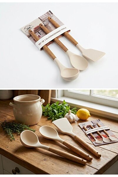 mutfak Ahşap Saplı 3'lü Silikon Kepçe-Spatula-Kaşık Seti