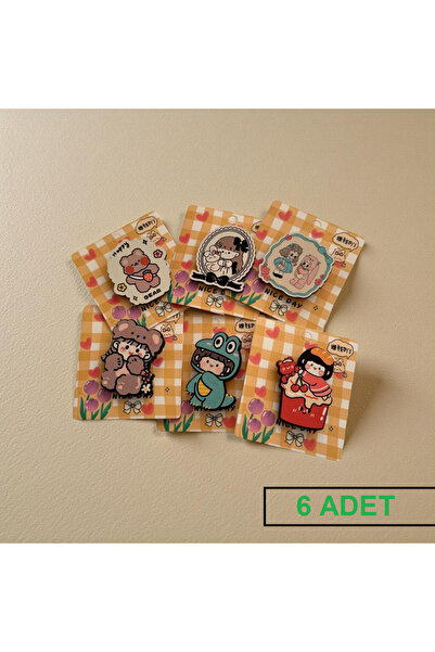 Luxmon Kawaii Girl Sevimli 6'lı Ahşap Çanta Elbise Rozet Seti Broş