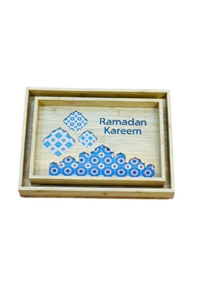 Generic Elegant Ramadan Kareem Wooden Tray Set with Glass Base (2 pieces)