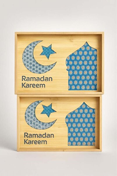 Generic Elegant Ramadan Kareem Wooden Tray Set with Glass Base, 2 Pieces