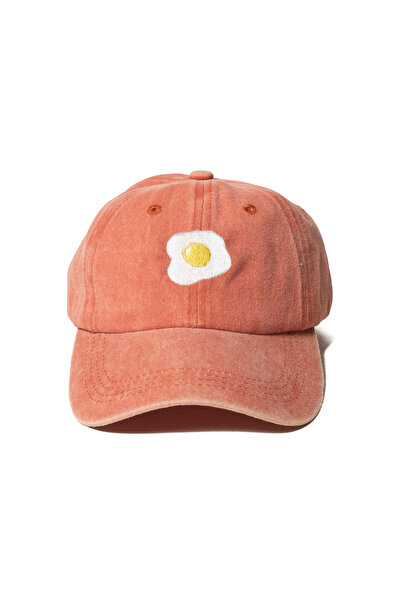 Nome Studio Turuncu Şapka Yumurta Nakışlı Pamuk Unisex Minimal Günlük Tarz Ak...