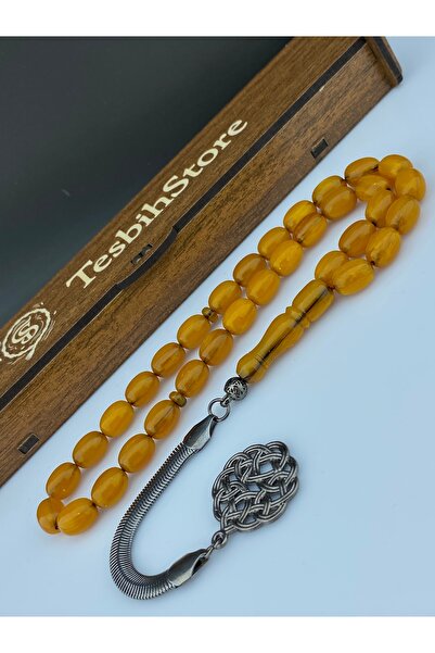 Tesbih Store Twisted Amber Apricot Color Italian Chain Brass Kazaz Tassel Design