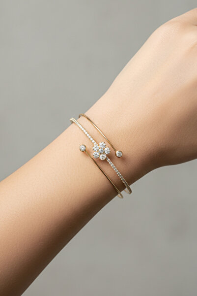 Özce Gold Waterway Zircon Stone Daisy Flower Stone Detailed Adjustable Bracelet