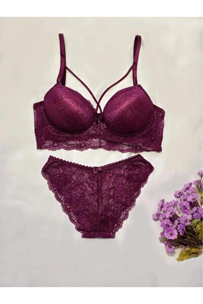 Betimoda Women's Lace Unpadded Bralette Bra Set Plum