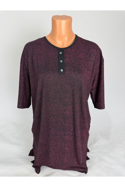 YAŞAR TRİKO Γυναικείο μπλουζάκι με κοντό μανίκι με λαιμόκοψη με ελαστικό ύφασμα σχέδια και κουμπιά στο πλάι άνοιγμα Mother Combed Cotton T-shirt