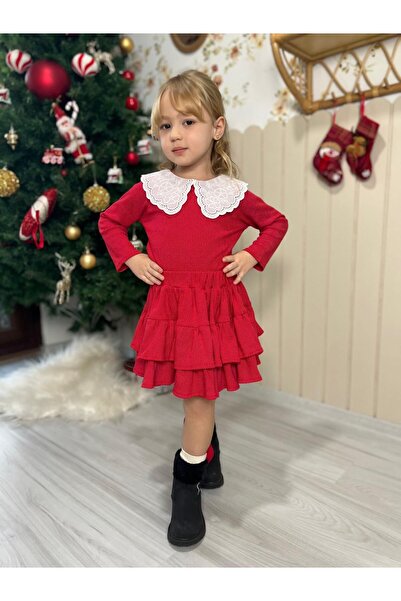 babymoon kids Lace Collar Long Sleeve Elastic Waist Red Skirt Girls' 2-Piece ...