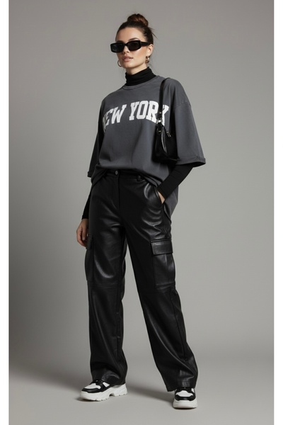 AS Anita Store New York High Quality Printed Oversized Wide Cut Basic Anthrac...