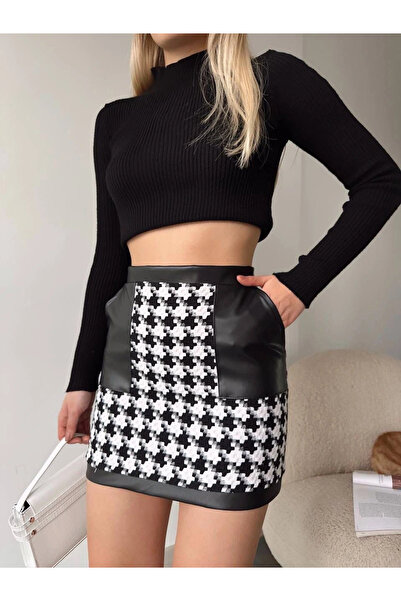 KAZAX Deri garnili kaz ayağı kaşe etek siyah h24604