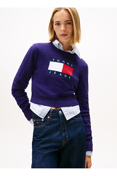 Tommy Jeans Yuvarlak Yaka Standart Nakışlı Mor Kadın Kazak DW0DW21690VLY