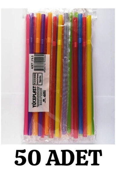 Merpak Ambalaj Karışık Renkli Pipet 50'li Kalın Pipet Jelatin Sargılı Körüklü Frozen Kıvrımlı Pipet