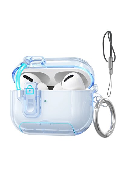 Choice جراب شفاف أزرق لسماعات AirPods Pro 3 (إصدار 2025) مع قفل أمان وحبل تعليق.