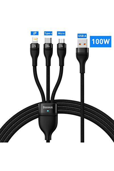 Baseus كابل USB من النوع C أسود بطول 1.2 متر، 3 في 1، يدعم الشحن السريع بقدرة 100 واط، لنقل البيانات، متوافق مع هاتف iPhone 13 Pro.