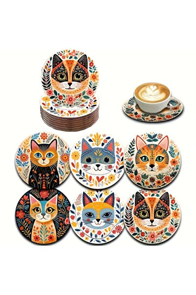 Choice مجموعة قواعد أكواب خشبية مكونة من 6 قطع بتصميم قطط - أنماط زهور نابضة ...