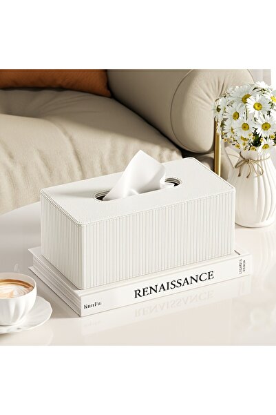 Choice حامل علبة مناديل فاخر من الجلد الأبيض، قطعة واحدة، تصميم مخطط بثلاثة أ...