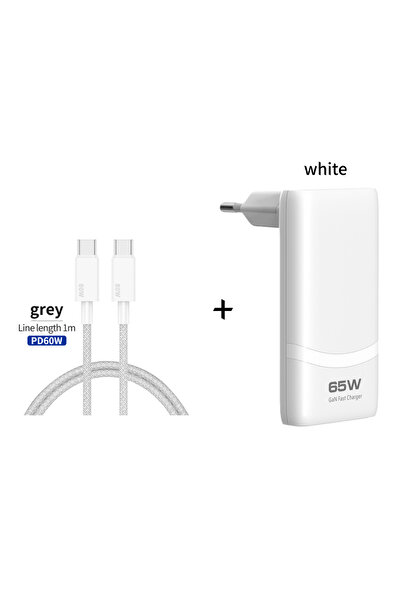 Choice شاحن جداري مسطح بمنفذي USB-C، أبيض اللون، بطول متر واحد، بقدرة 65 واط، بتقنية GaN، يدعم الشحن السريع عبر USB-C، فائق السماكة.