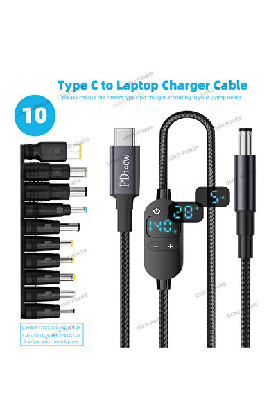 Choice كابل طاقة USB-C إلى تيار مستمر بقدرة 140 واط، محول جهد قابل للتعديل من النوع C إلى 5 فولت، 9 فولت، 12 فولت، 15 فولت، 20 فولت، 28 فولت.