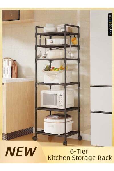 Generic رف تخزين معدني للمطبخ بستة أرفف مزود بعجلات (أسود)