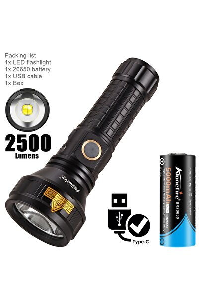 Choice مصباح يدوي LED عالي الطاقة بقوة 2500 لومن، يعمل ببطارية H44-26650 سوداء اللون، قابل لإعادة الشحن عبر منفذ USB، مناسب للاستخدام الخارجي والتكتيكي والصيد.