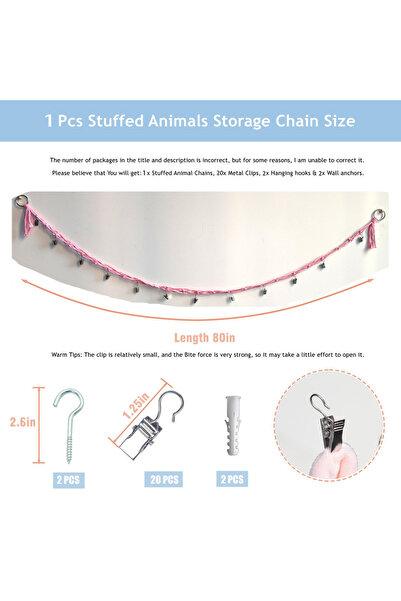 Choice حبل تخزين على شكل حيوان من القطيفة القطنية الوردية مع 20 مشبكًا معدنيً...
