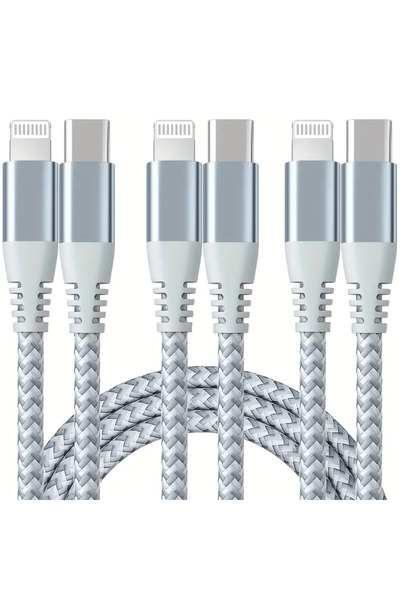 Choice كابل شحن سريع أبيض اللون بطول 1 متر، مكون من 3 قطع، معتمد من MFi، مصنوع من النايلون المضفر، من نوع USB-C إلى Lightning.