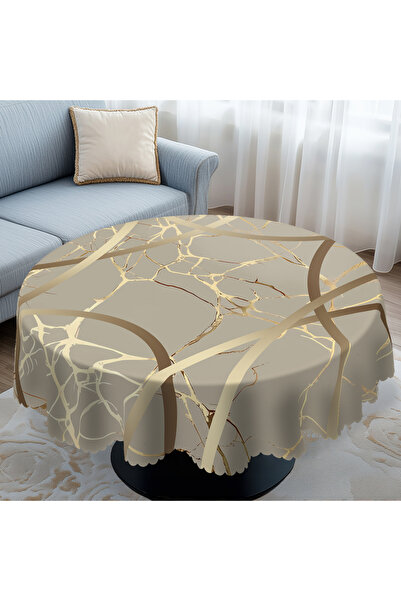 Choice مفرش طاولة دائري (180) سم، قطعة واحدة، أنيق، مطبوع نقش رخامي ذهبي متدرج الألوان، مع حواف بارزة.