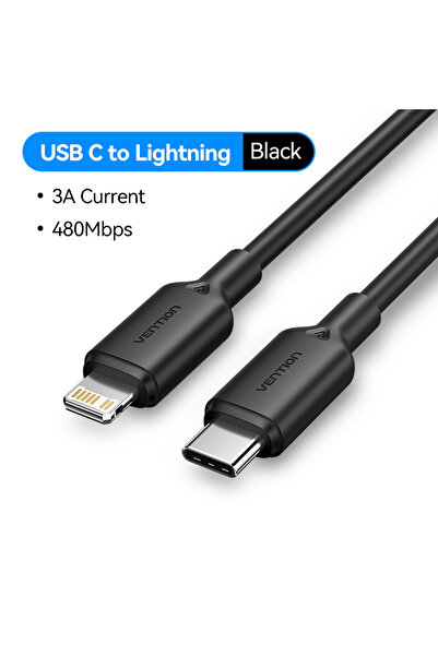 Choice كابل شحن Vention أسود بطول متر واحد، من USB-C إلى Lightning، بقوة 27 و...