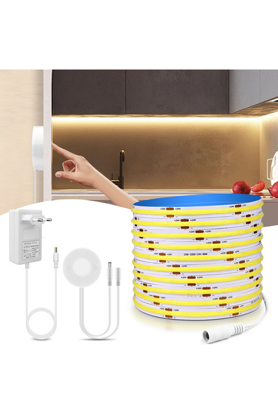 Choice شريط إضاءة LED COB بطول 5 أمتار، مزود بقابس أوروبي، لون أبيض طبيعي، ومفتاح تحكم باللمس بطول 10 أمتار، ومفتاح حثي يدوي، وجهد 24 فولت، و32 فولت.