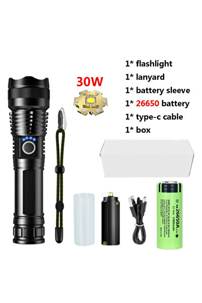 Heinast مصباح يدوي من سبائك الألومنيوم P50 بقوة 30 واط، يعمل ببطارية 26650/18650، قابل للشحن عبر منفذ USB، مدى إضاءة خارجي طويل.