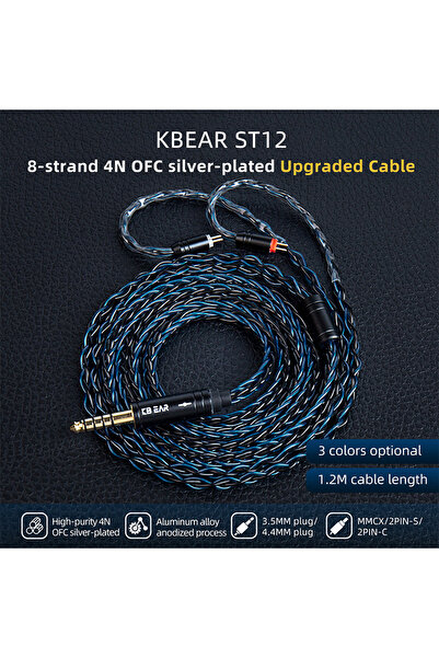 Choice كابل KBEAR ST12 IEM رمادي اللون، ثنائي الدبابيس، 4.4 ملم، 8 أسلاك، مطلي بالفضة، كابل مطور مع قابس 3.5/4.4 ملم اختياري