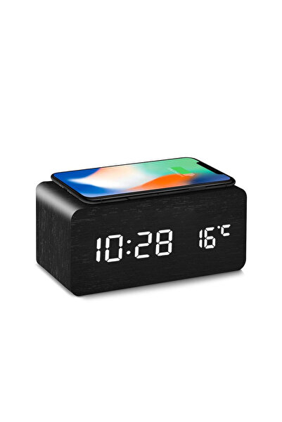 Choice ساعة منبه رقمية خشبية سوداء مع شحن لاسلكي وشاشة عرض درجة الحرارة LED، ساعة مكتبية للمكاتب
