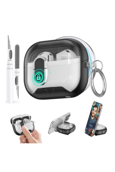 Choice جراب حماية أسود آمن لسماعات Galaxy Buds 3 Pro مع قلم، مزود بحامل للهاتف.