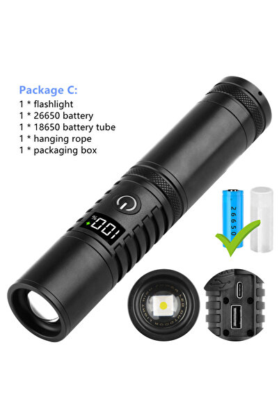 Choice مصباح يدوي ZOOM أسود مزود ببطارية 26650 عالية الطاقة، ومصباح LED طويل المدى، مع منفذ شحن من النوع C.