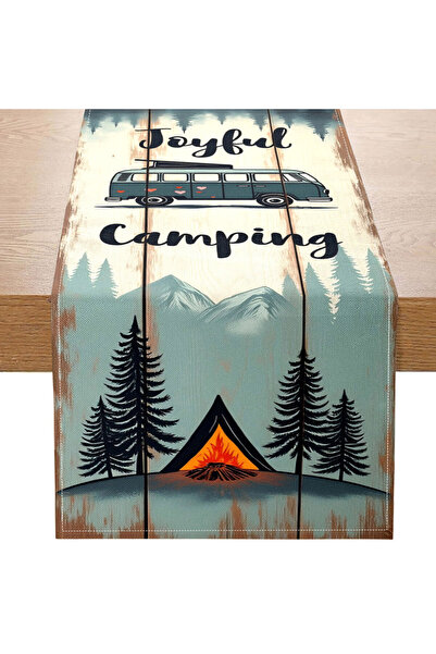 Choice مفرش طاولة بتصميم تخييم، مقاس 33×90 سم، بنمط عربة سكن متنقلة وجبال ونار مخيم، مناسب لـ