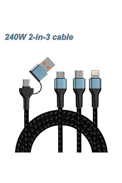 Choice سلك شحن سريع أسود بقوة 240 واط، ثنائي في ثلاثي المنافذ، يدعم منفذ Micr...