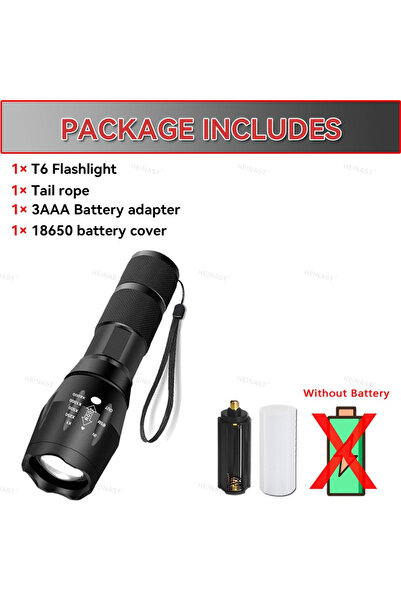 Heinast مصباح يدوي LED عالي الطاقة T6 أسود اللون، بدون بطارية، مناسب للتخييم، بخمسة أوضاع إضاءة، مع خاصية التكبير/التصغير، مصنوع من الألومنيوم.