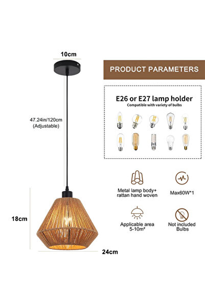 Choice Without Bulb 1 pcs Boho Rattan Pendant Lamps E27 Hand Woven Hemp Rope ...