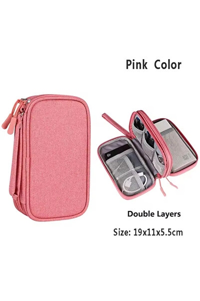 Choice منظم سفر وردي اللون ذو طبقتين، منظم ملحقات إلكترونية، منظم محمول مقاوم...