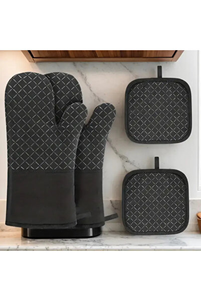 Choice طقم قفازات فرن ووسادات أواني أسود مكون من 4 قطع، قفازات مطبخ مقاومة لل...