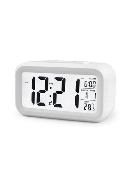 Choice ساعة منبه رقمية بيضاء بإضاءة خلفية LED، مزودة بتقويم ووقت، متعددة الوظ...