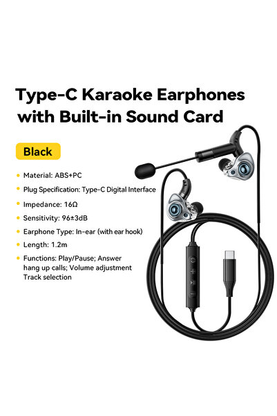 essager سماعات أذن سلكية للكاريوكي من النوع C، لون أسود، مزودة ببطاقة صوت مدم...