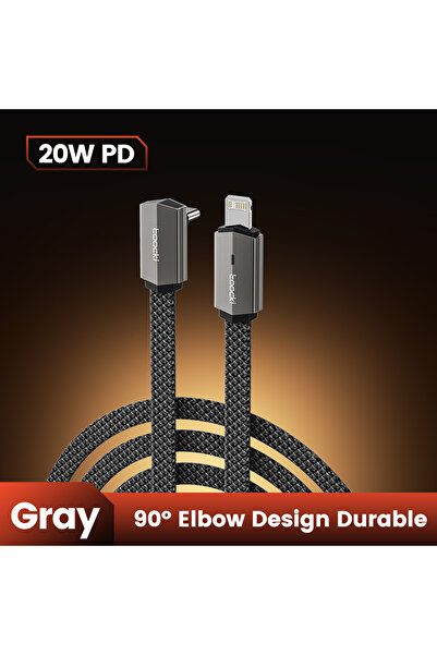 Toocki كابل Toki رمادي بطول 2 متر من النوع C إلى Lightning، مزود بمرفق بزاوية...