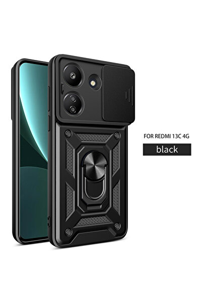 Choice جراب حماية أسود مقاوم للصدمات لهاتف Redmi 13C 4G مع واقي عدسة كاميرا منزلق - مغناطيسي