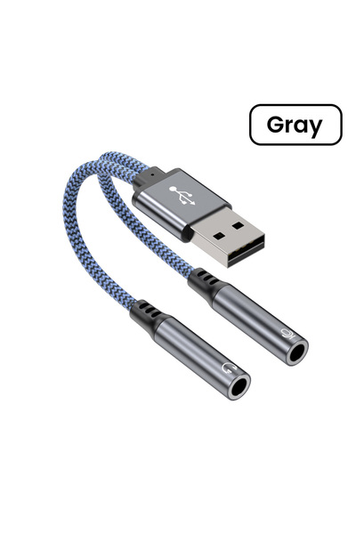 Choice كابل صوت رمادي اللون من نوع USB-A إلى مقبسين 3.5 ملم، مزود بشريحة DCA، للاستماع إلى الموسيقى/المكالمات الصوتية، محول سماعات رأس USB إلى 3.5 ملم