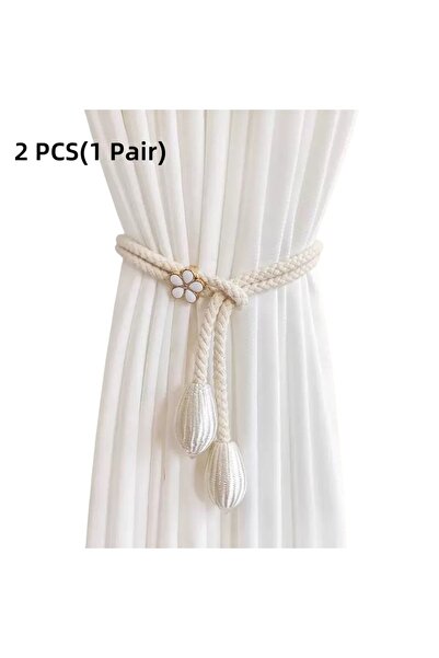 Choice قطعتان من مثبتات الستائر القابلة للتعديل والمضفرة يدويًا باللون البيج، مع أربطة ستائر معدنية صغيرة - يونيفي
