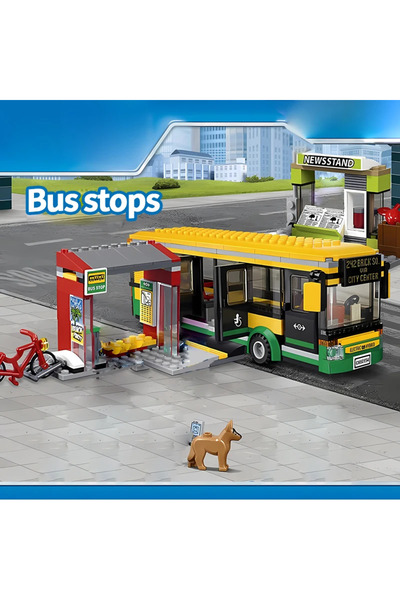 Choice بدون صندوق، مع 6 شخصيات، سيارة مدينة، حافلة ركاب صفراء، محطة حافلات مد...