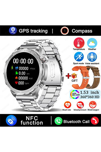 Choice ساعة ذكية مزودة بنظام تحديد المواقع العالمي (GPS) وتقنية الاتصال قريب المدى (NFC)، وحزام فضي من الفولاذ، وساعة بلوتوث ذكية جديدة للرجال، وشاشة AMOLED كبيرة الحجم، وحزام من الفولاذ، وحزام من الفولاذ. إصدار 2025.