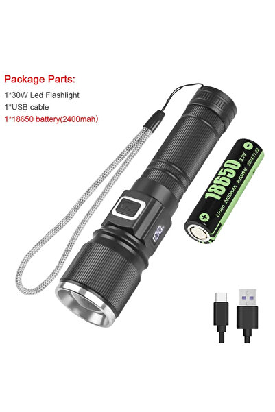 Heinast مصباح يدوي ZOOM أسود S477 مزود ببطارية 18650، مصباح LED قوي، قابل لإعادة الشحن من النوع C، مزود بإضاءة LED