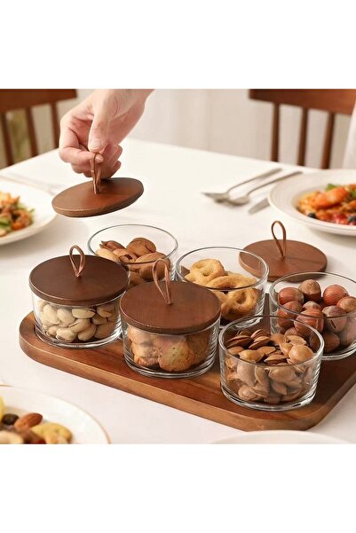 KB ستة أوعية تخزين مغطاة بالزجاج، محكمة الإغلاق بلوح خشبي، لتخزين التمور والم...