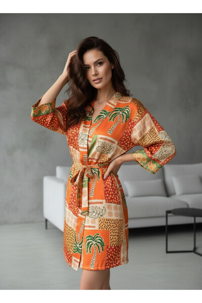 Jermo Women's Satin Printed Silky Fabric and Single Dressing Gown with Belt