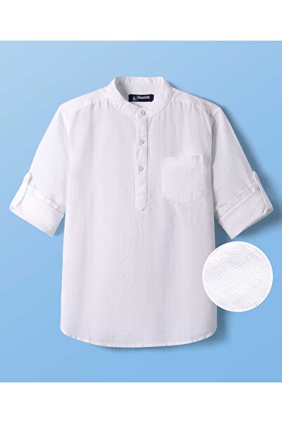 Pine kids Linen Woven Full Sleeves Solid Color Mandarin Collar Kurta Style Sh...